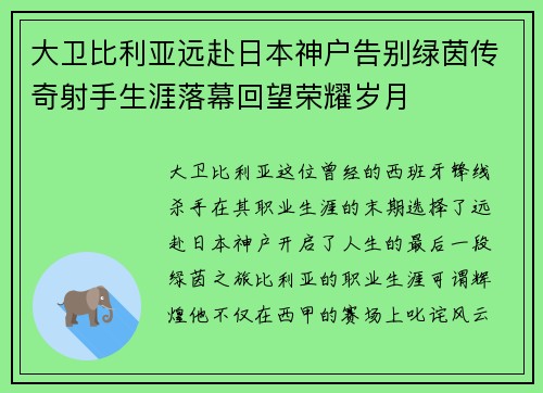 大卫比利亚远赴日本神户告别绿茵传奇射手生涯落幕回望荣耀岁月 大卫比利亚远赴日本神户告别绿茵传奇射手生涯落幕回望荣耀岁月